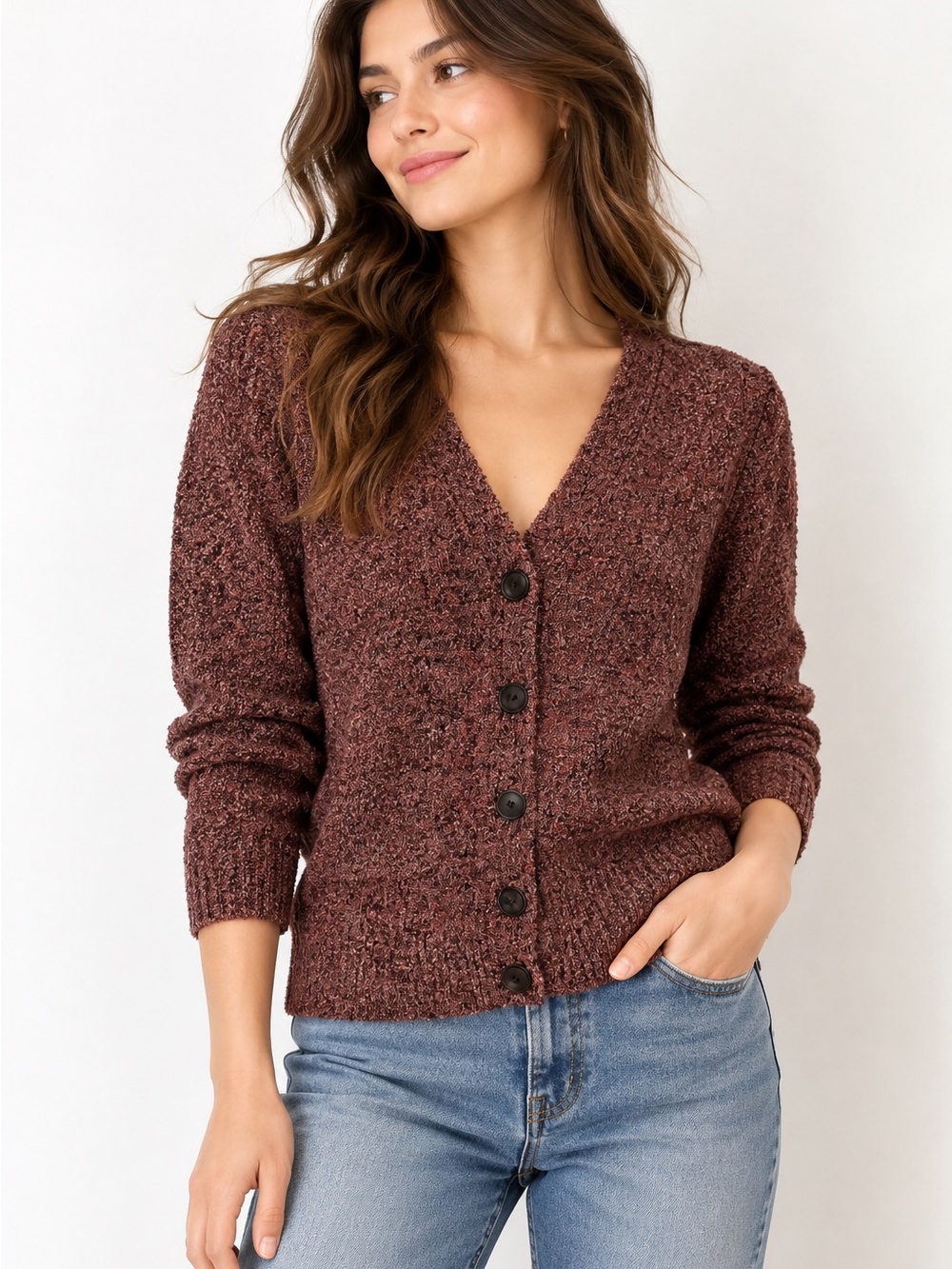 COS Women’s Burgundy Textured Knit Button-Front Cardigan